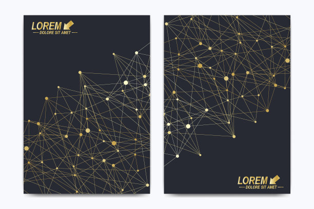 矢量模板的小册子，传单，传单，广告，封面，目录，海报，杂志或年度报告。分子几何背景。金色控制点通讯。行神经丛。卡片表面素材图片