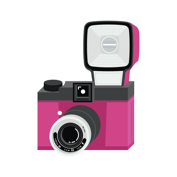 带有大闪光灯的粉色和黑色模拟胶片相机。平面向量插图。等距的视角。图片下载