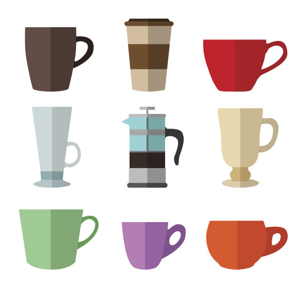 一套简单的彩色咖啡杯和法式压扁图标图片下载