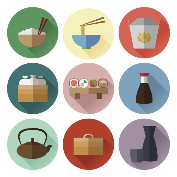 一套简单的扁平亚洲食品和设备图标与长sh图片下载