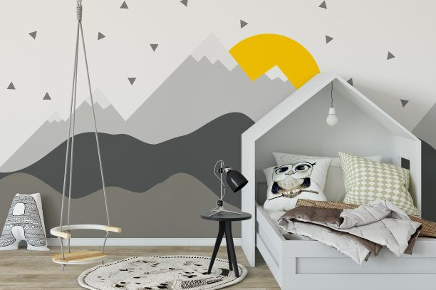 模拟墙在儿童房内部。室内北欧风格。3d渲染，3d插图图片下载