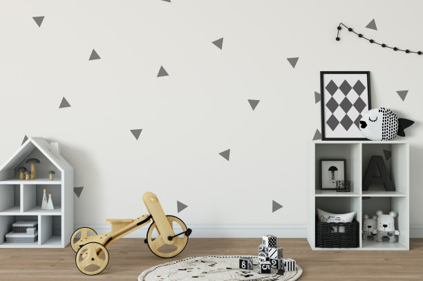 模拟墙在儿童房内部。室内北欧风格。3d渲染，3d插图图片下载