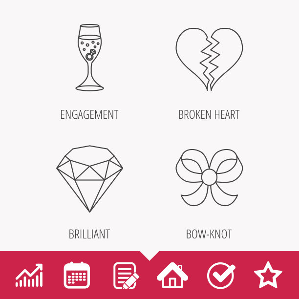 破碎的心，辉煌和订婚戒指的图标。图片下载