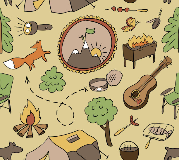 可爱的手绘无缝模式与露营装备(矢量)图片下载