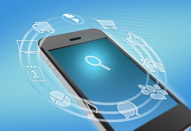 手机和图标围绕放大镜搜索旋转。图片下载