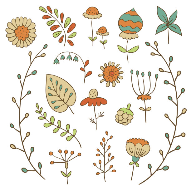 一套手绘花在复古风格。(向量)图片下载