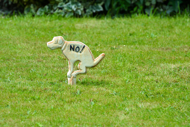 禁止狗便便的区域标志。一只狗在草地上呱呱叫的金属雕像图片下载