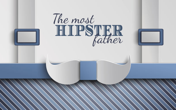 父亲节贺卡设计的男人的事件，横幅或海报。条纹蓝色背景与剪纸胡子和背带。祝贺文本的背景图片下载