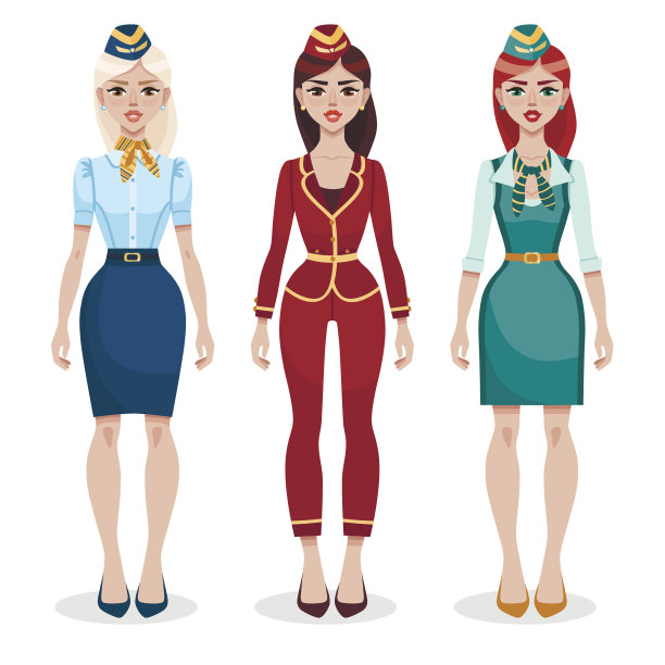 年轻微笑的空姐穿着不同风格的制服。女性的职业。图片下载