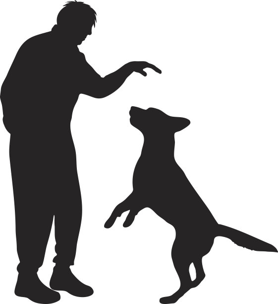 矢量剪影的人与狗在白色的背景。图片下载