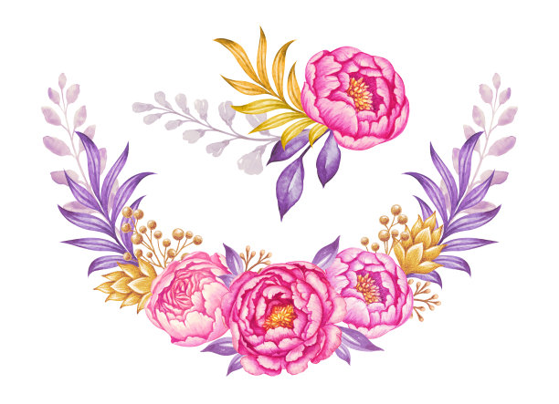 鲜粉牡丹花环，玫瑰绿叶，水彩花束插画，花卉设计元素素材图片