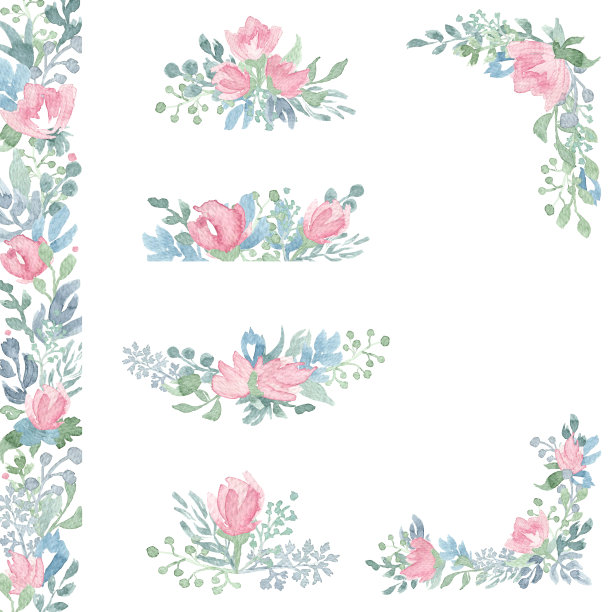 水彩花的安排和花束。素材图片