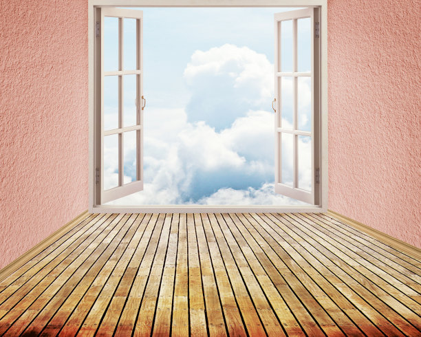 开着窗户的房间，梦幻的世界，白天，天空，天际线，视野，外面的云图片下载