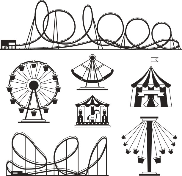 游乐园，过山车和旋转木马矢量图标素材图片