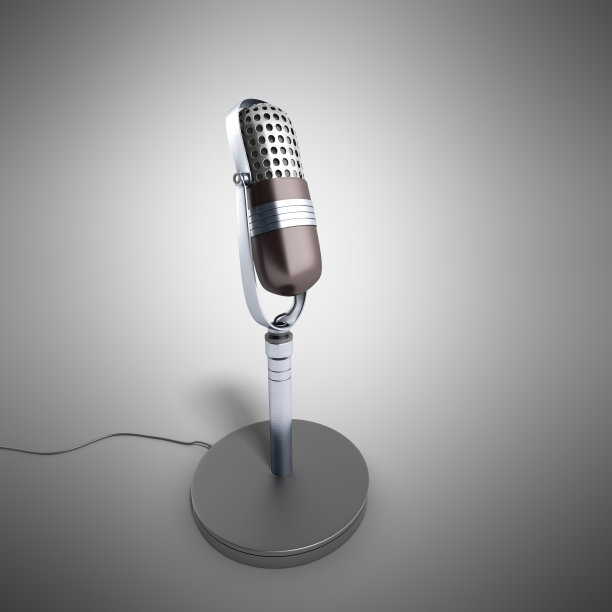 复古银色麦克风隔离在蓝色背景3d渲染图像图片下载