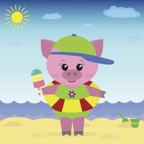 一只可爱的小猪在海滩上吃着冰淇淋。图片下载
