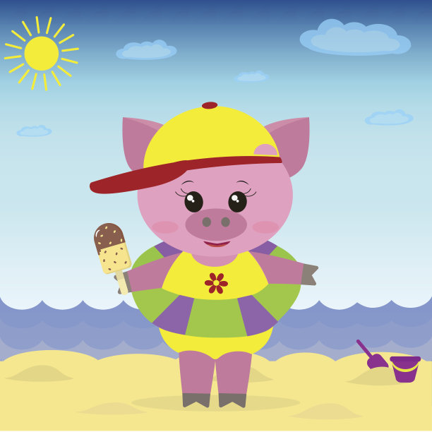 一只可爱的小猪在海滩上吃着冰淇淋。图片下载