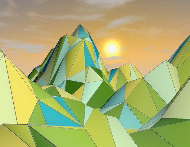 3d抽象的未来主义景观与云和山。图片下载