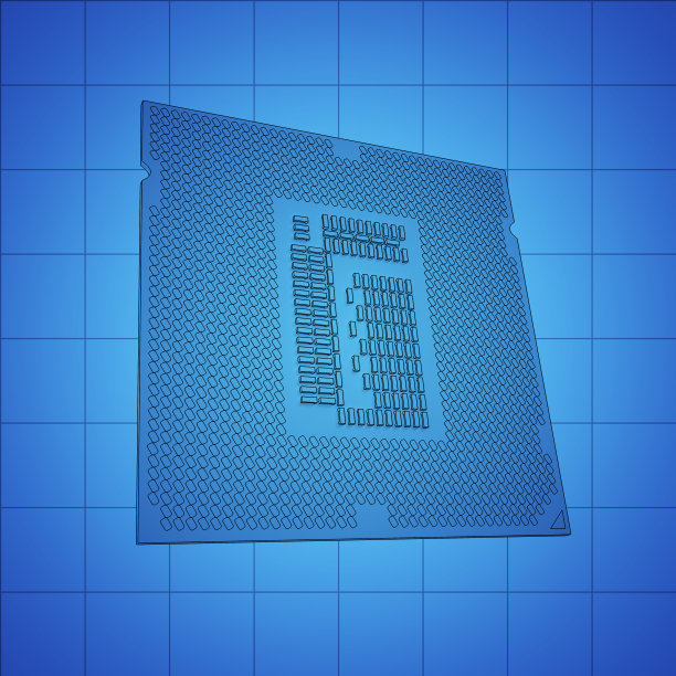 CPU蓝图，细线插图，蓝色背景上的黑色轮廓符号，3d渲染图片下载