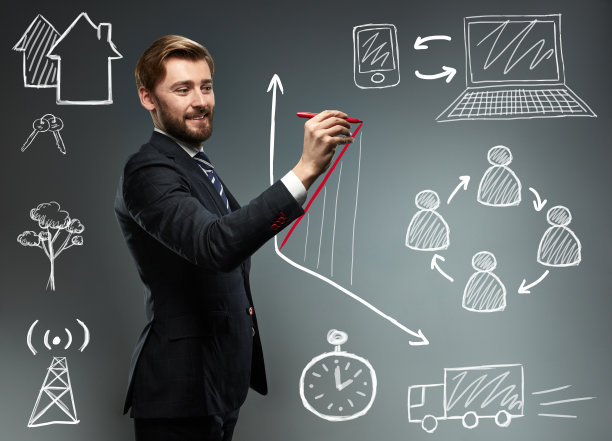 一个穿西装的男人。一组带有信息图表元素的照片。图片下载