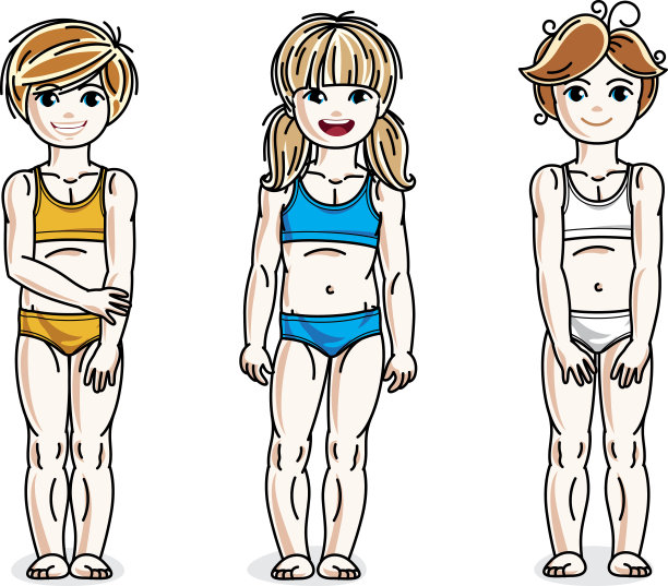 小女孩们穿着五颜六色的比基尼站在那里。矢量儿童插图集。图片下载