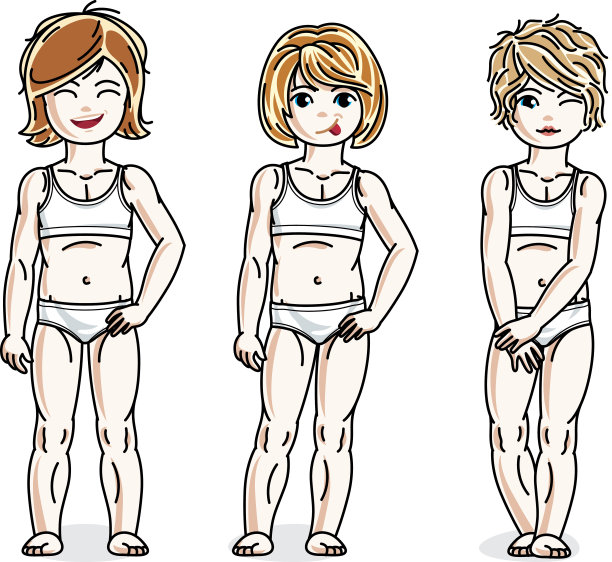 可爱的小女孩们站在白色内衣。矢量儿童插图集。图片下载