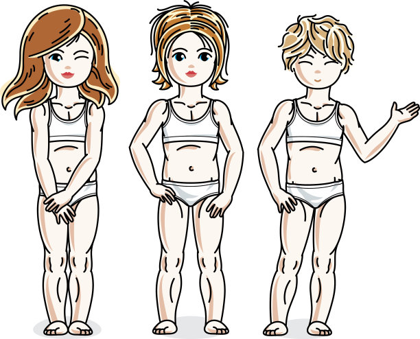 美丽的小女孩在白色内衣摆pose。矢量集美丽的孩子插图。童年和家庭生活方式剪辑艺术。图片下载