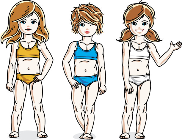 可爱的小女孩们成群地站在五颜六色的比基尼上。矢量儿童插图集。童年和家庭生活方式剪辑艺术。图片下载