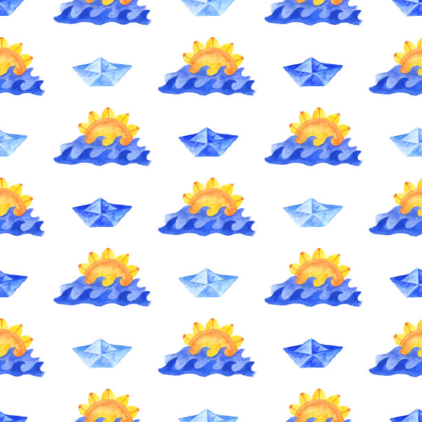 海浪水彩无缝图案与纸船+太阳图片下载