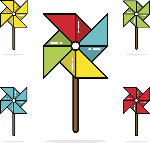 一套彩色玩具风车线平面矢量设计图片下载