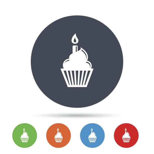 生日蛋糕标志图标。燃烧的蜡烛象征。图片下载