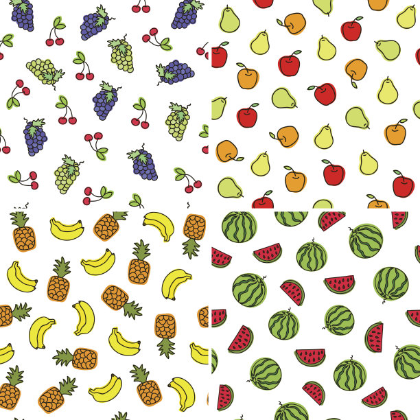 一套向量简单多彩的无缝模式-不同的水果。图片下载