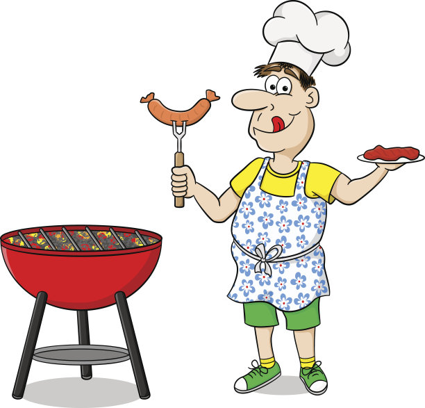 围着围裙烤牛排和香肠的男人图片下载