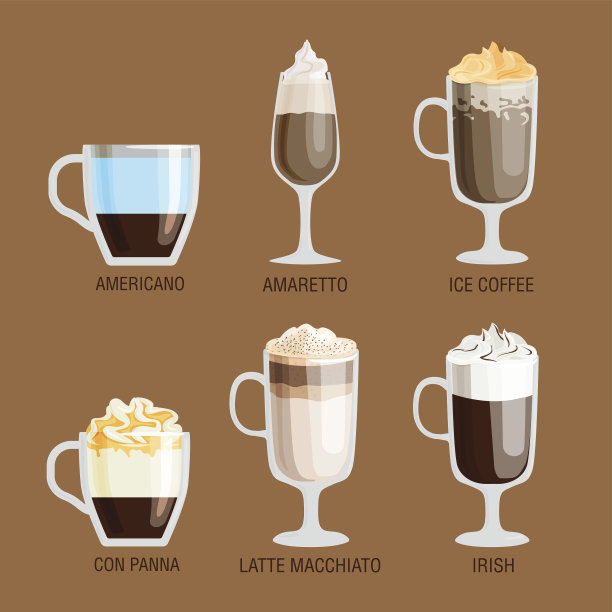 套不同透明杯的咖啡类型杯与泡沫饮料和早餐早餐标志美味芳香的玻璃分类矢量插图图片下载