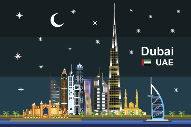 夜晚平坦的迪拜城市景观图片下载