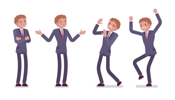 一组年轻的站立商人显示负面情绪，不同的姿势图片下载