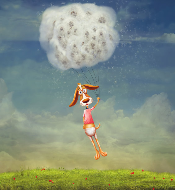 有趣的狗在蒲公英的天空图片下载