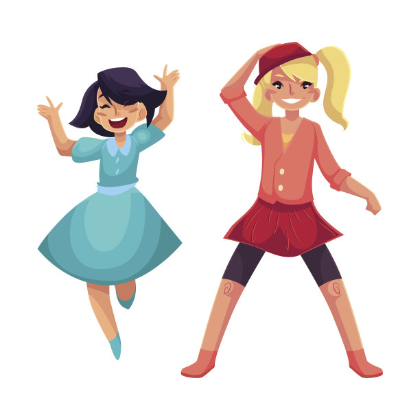 两个女孩在舞会上跳舞，蓝裙子，短裙和打底裤图片下载