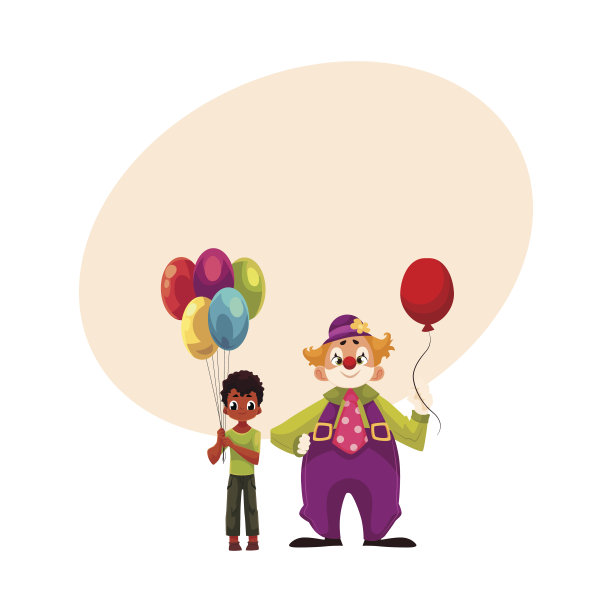 黑人，非裔美国男孩拿着气球和滑稽的小丑站在一起图片下载