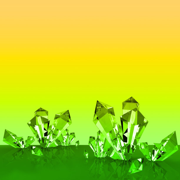 在光滑表面上反射的晶体。矿石样品排成一行。黄色和绿色。图片下载