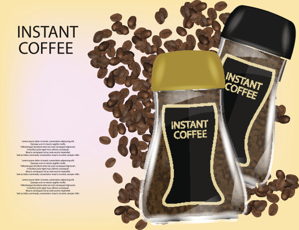 咖啡玻璃罐与速溶咖啡颗粒和咖啡豆分离在黄色背景。图片下载