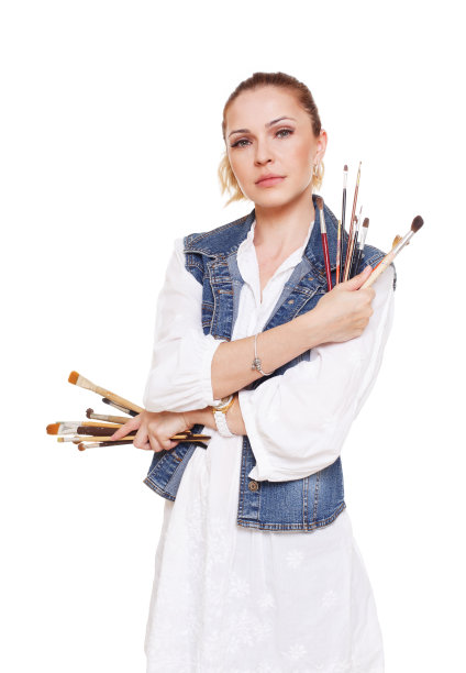 用画笔和调色板的女艺术家，孤立的图片下载