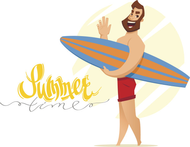 夏季。冲浪者与板在红色短裤。夏天刻字。夏天的主题图片下载