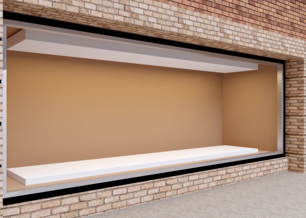 一个城市的商店街道橱窗的空白模型。三维渲染图片下载