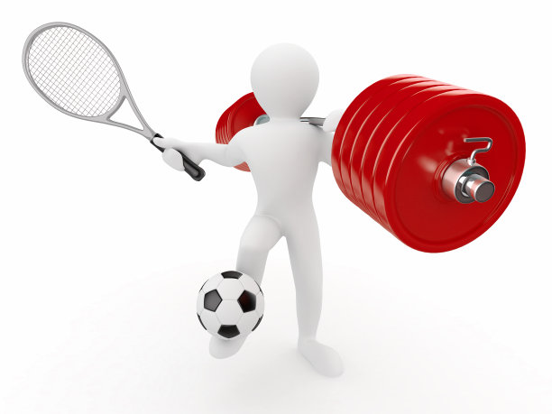 男人用杠铃，球拍和球图片下载