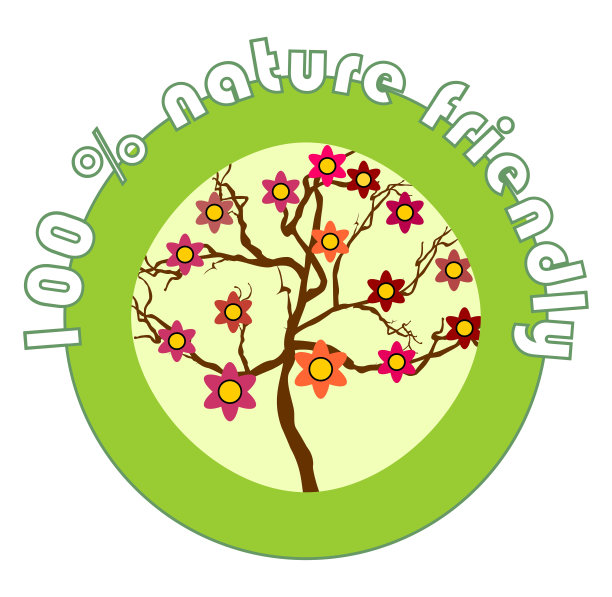 标签100%自然友好产品标签与开花树图片下载