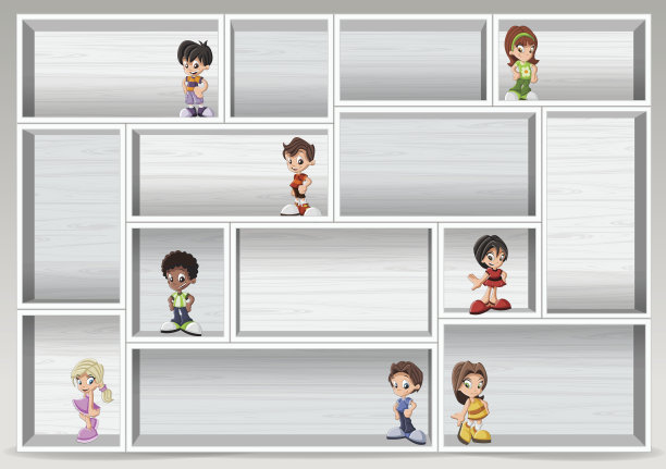 白色的木架上有快乐的卡通小朋友。图片下载