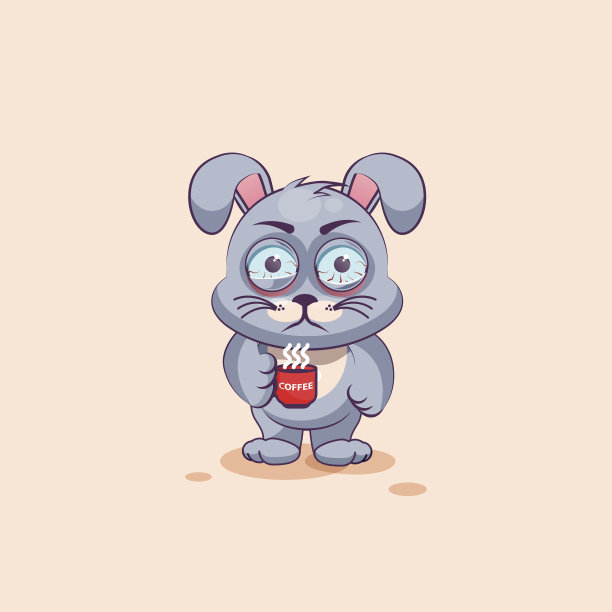 孤立的表情符号字符卡通灰色小兔子紧张与杯图片下载