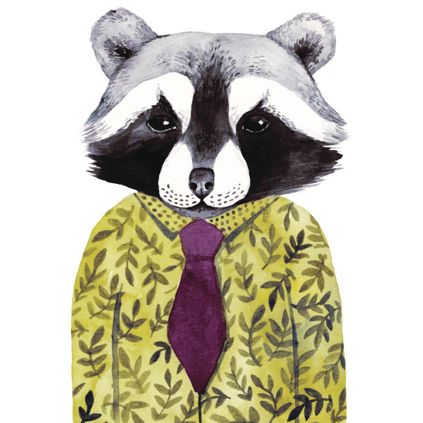 水彩可爱的插图与浣熊在绿色衬衫。素材图片