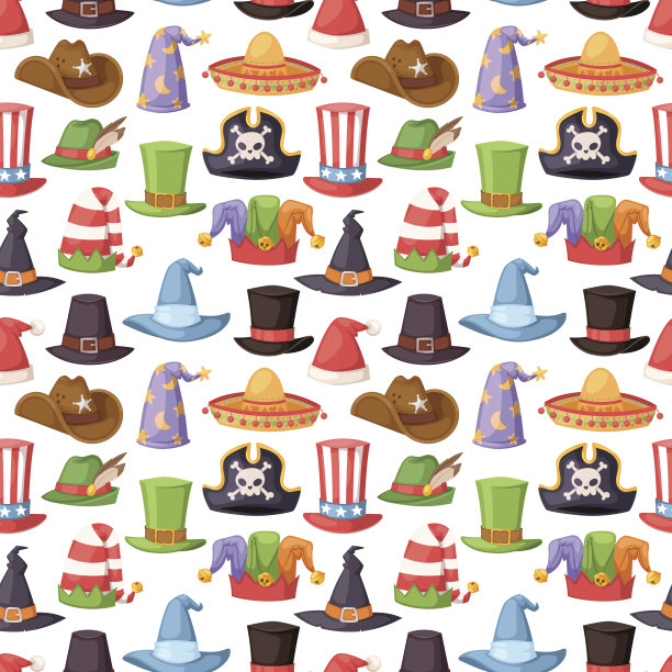 不同的滑稽帽子为派对和节日化装矢量无缝模式图片下载